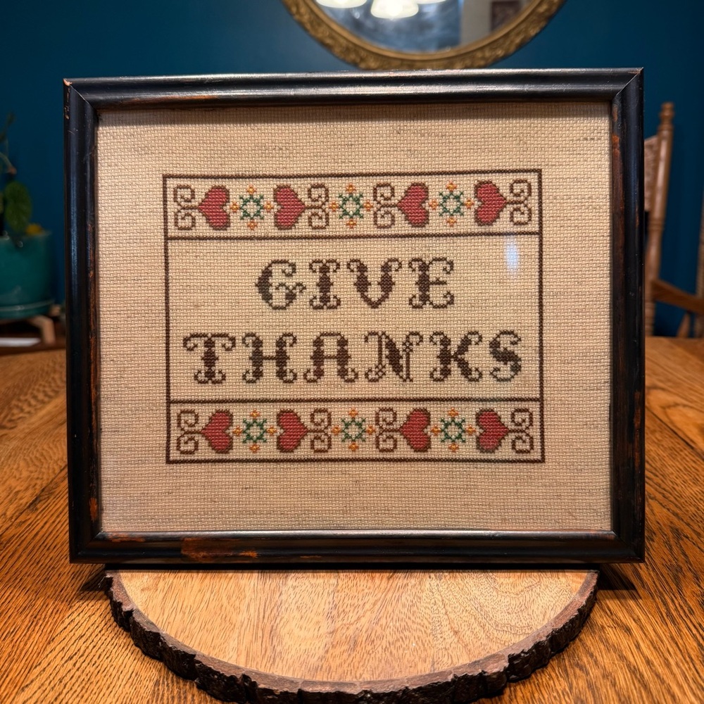 Vintage Thanksgiving GIVE THANKS Framed Crewel cross-stitch embroidery
